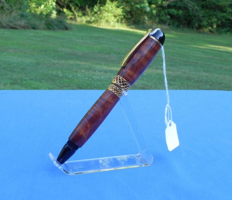 Large two piece pen that has a gel filled roller ball cartridge. Amboyna burl is the wood.